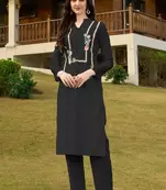 Black hand embroidery art silk straight cut kurta &