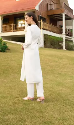 Off-white hand embroidery art silk straight cut kurta & pants set 4