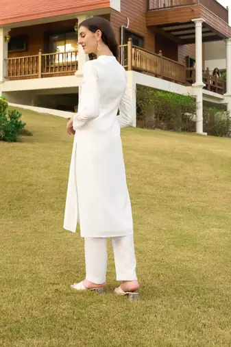 Off-white hand embroidery art silk straight cut kurta & pants set