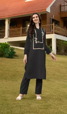 Black hand embroidery art silk straight cut kurta & 3