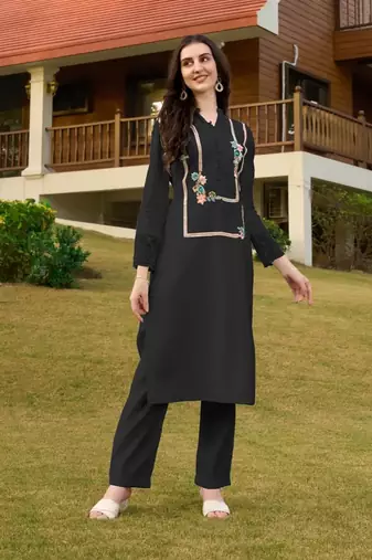 Black hand embroidery art silk straight cut kurta &
