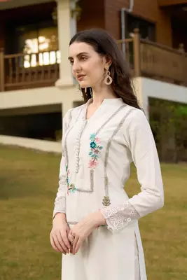 Off-white hand embroidery art silk straight cut kurta & pants set 5