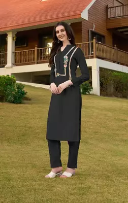 Black hand embroidery art silk straight cut kurta & 4