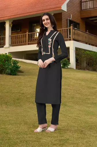 Black hand embroidery art silk straight cut kurta &