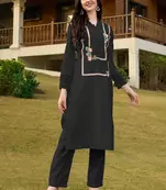 Black hand embroidery art silk straight cut kurta & pants set