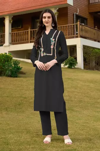 Black hand embroidery art silk straight cut kurta & pants set