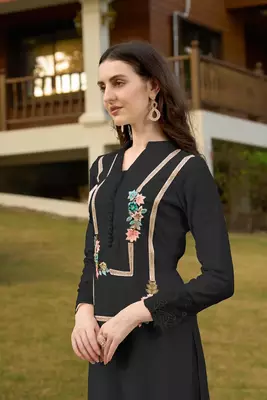 Black hand embroidery art silk straight cut kurta & 6