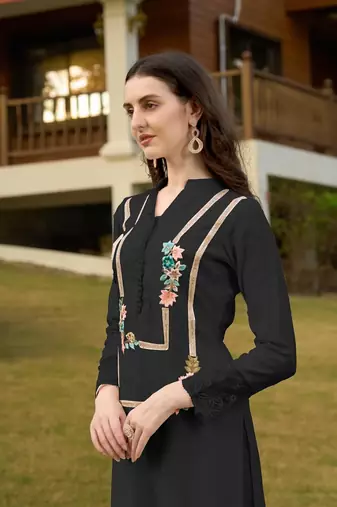 Black hand embroidery art silk straight cut kurta &