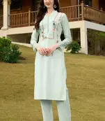 Light-green hand embroidery art silk straight cut kurta &