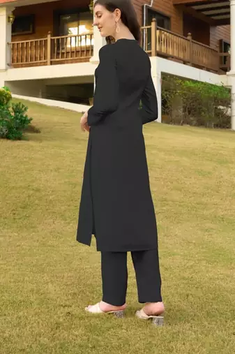 Black hand embroidery art silk straight cut kurta & pants set