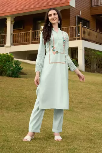 Light-green hand embroidery art silk straight cut kurta &