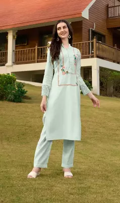 Light-green hand embroidery art silk straight cut kurta & pants set 1