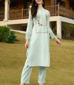 Light-green hand embroidery art silk straight cut kurta & pants set