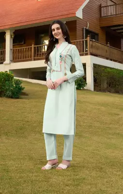 Light-green hand embroidery art silk straight cut kurta & 4