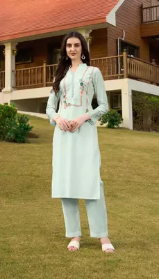Light-green hand embroidery art silk straight cut kurta & pants set 3