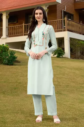 Light-green hand embroidery art silk straight cut kurta & pants set