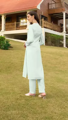 Light-green hand embroidery art silk straight cut kurta & 5