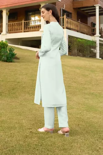 Light-green hand embroidery art silk straight cut kurta &