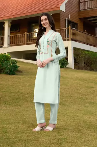 Light-green hand embroidery art silk straight cut kurta & pants set