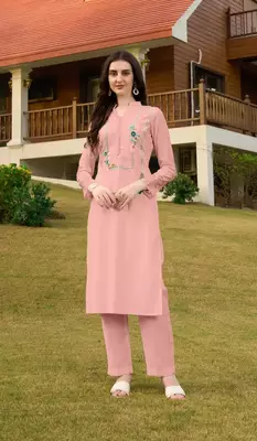 Light-pink hand embroidery art silk straight cut kurta & 1