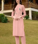 Light-pink hand embroidery art silk straight cut kurta &
