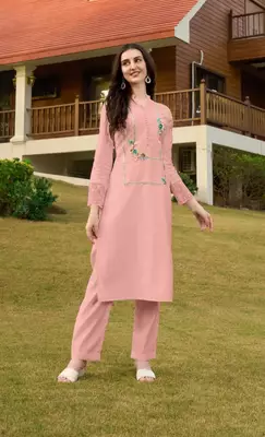 Light-pink hand embroidery art silk straight cut kurta & 3