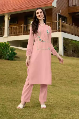Light-pink hand embroidery art silk straight cut kurta &