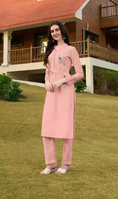 Light-pink hand embroidery art silk straight cut kurta & 4