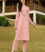 Light-pink hand embroidery art silk straight cut kurta & pants set