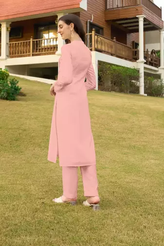 Light-pink hand embroidery art silk straight cut kurta &