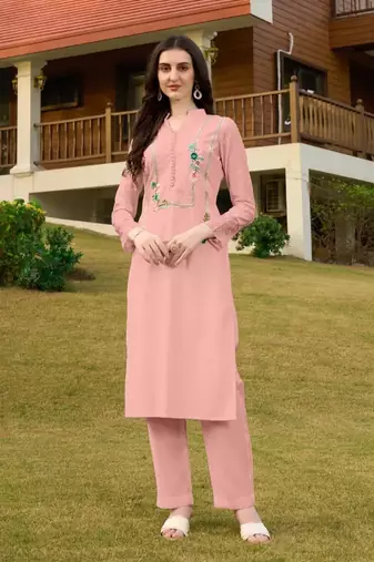 Light-pink hand embroidery art silk straight cut kurta & pants set