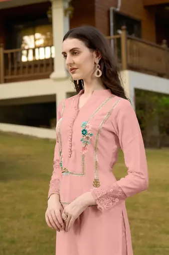 Light-pink hand embroidery art silk straight cut kurta &