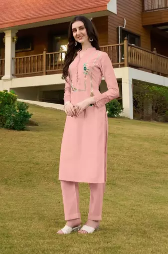 Light-pink hand embroidery art silk straight cut kurta & pants set