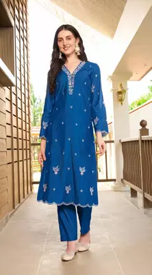 Blue hand embroidery art silk asymmetrical  kurta & 1