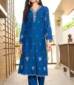 Blue hand embroidery art silk asymmetrical  kurta &