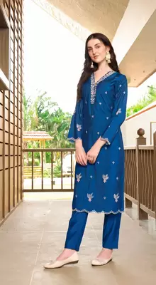 Blue hand embroidery art silk asymmetrical  kurta & 3