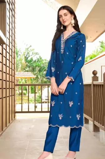 Blue hand embroidery art silk asymmetrical  kurta &