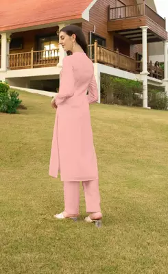 Light-pink hand embroidery art silk straight cut kurta & pants set 5