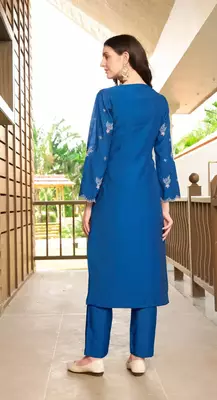 Blue hand embroidery art silk asymmetrical  kurta & 4