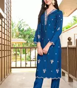 Blue hand embroidery art silk asymmetrical  kurta & pants set