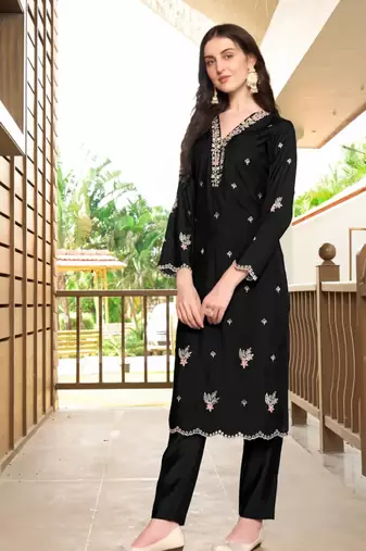 Black hand embroidery art silk asymmetrical  kurta &