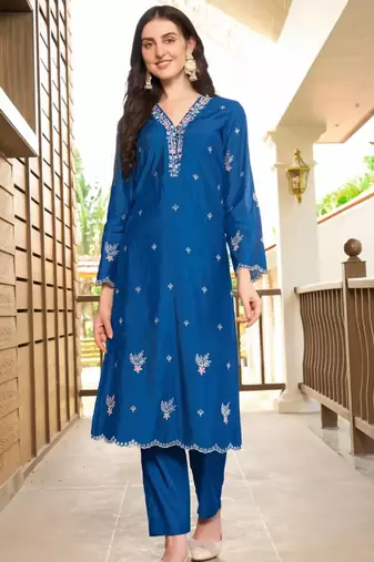 Blue hand embroidery art silk asymmetrical  kurta & pants set