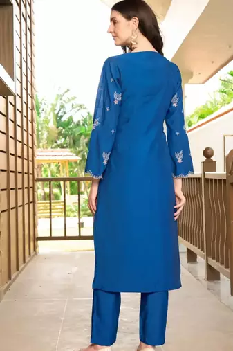 Blue hand embroidery art silk asymmetrical  kurta & pants set