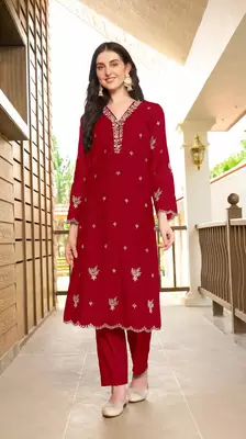 Maroon hand embroidery art silk asymmetrical  kurta & 1