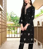 Black hand embroidery art silk asymmetrical  kurta & pants set