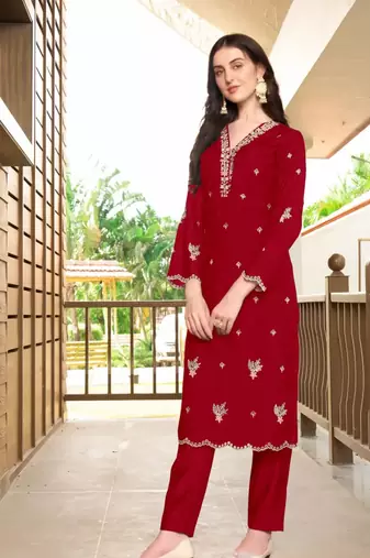 Maroon hand embroidery art silk asymmetrical  kurta &