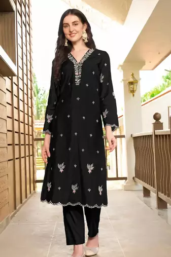 Black hand embroidery art silk asymmetrical  kurta & pants set
