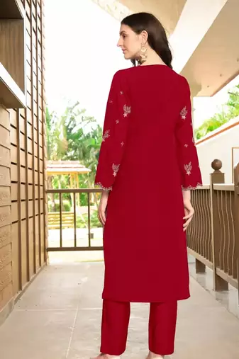 Maroon hand embroidery art silk asymmetrical  kurta &