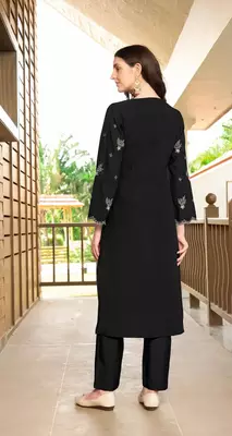 Black hand embroidery art silk asymmetrical  kurta & pants set 4