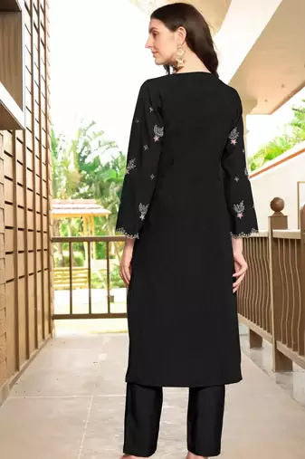 Black hand embroidery art silk asymmetrical  kurta & pants set